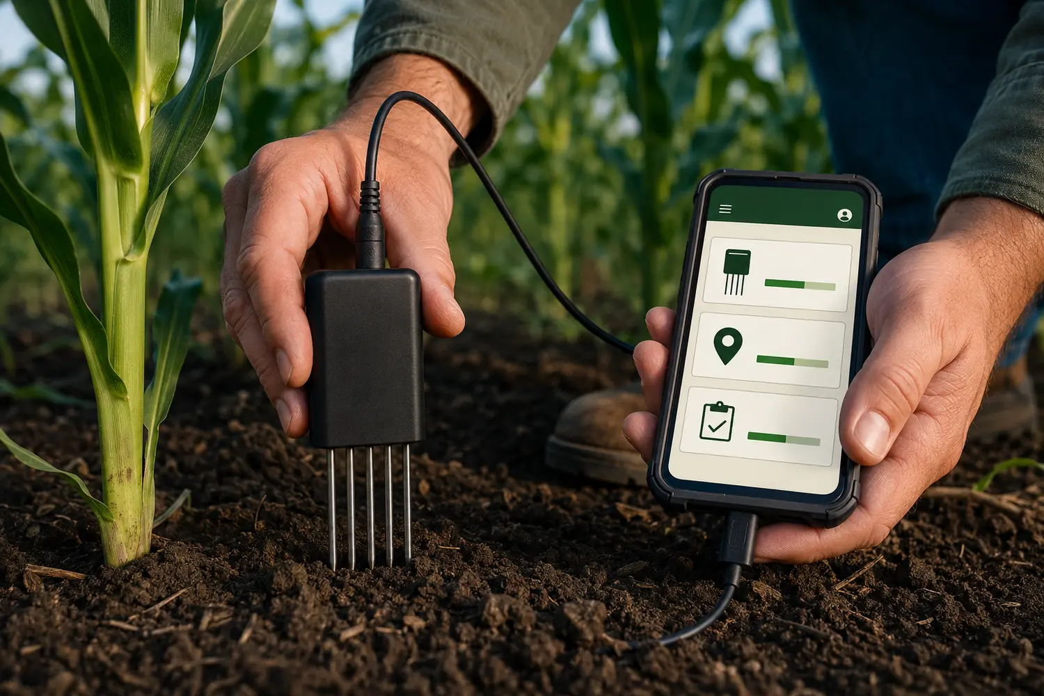Illustrative close view of a soil probe being inserted beside a phone
